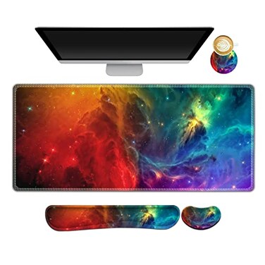 ARTSO Extended Gaming Mouse Pad Set Keyboard Wrist Rest Support Pad Wrist Cushion XXL Large Mouse Pad Coaster Stitched Edge NonSlip Memory Foam Desk Mat Color Nebula Galaxy