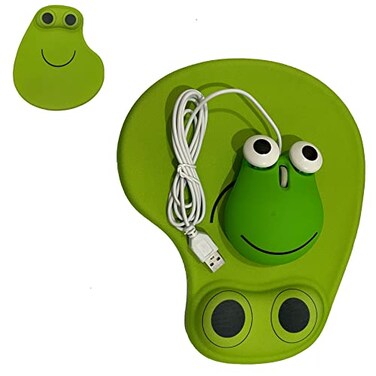 UGpine Cute Wired Frog Mouse and Pad Set for Kids and Adults Mini AnimalThemed Computer Accessory for Laptop Desktop Green