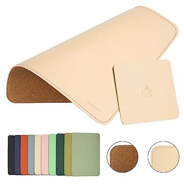 EAGZFFI DoubleSided PU Leather Cork Mouse Pad with Coaster Reversible NonSlip Stitched Edges for Office Home 8x11 Inches Apricot
