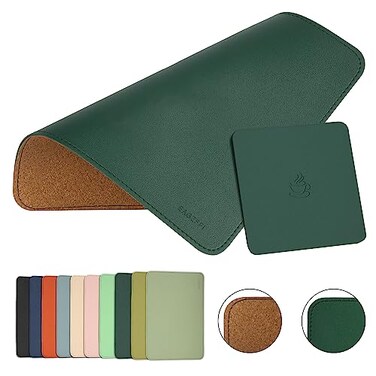 EAGZFFI DoubleSided PU Leather Cork Mouse Pad with Coaster Reversible NonSlip Stitched Edges for Office Home 8x11 InchesBlackish Green
