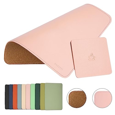EAGZFFI DoubleSided PU Leather Cork Mouse Pad with Coaster Reversible NonSlip Stitched Edges for Office Home 8x11 InchesPink