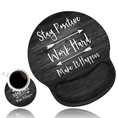LACOMA Ergonomic Mouse Pad Wrist Support Cup CoasterStay Positive Work Hard and Make It Happen Inspirational Quote Art Rustic Old Wood Wrist Mouse Pad with NonSlip PU Base for Computer Laptop Home Off