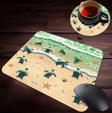 YAKAIER Gaming Mouse Pad and Coasters Set Sea Turtles on The Beach Starfish Shell Blue Ocean Painting Art Mousepad NonSlip Rubber Rectangle Mouse Pad Customized Mouse Mat for Working and Gaming