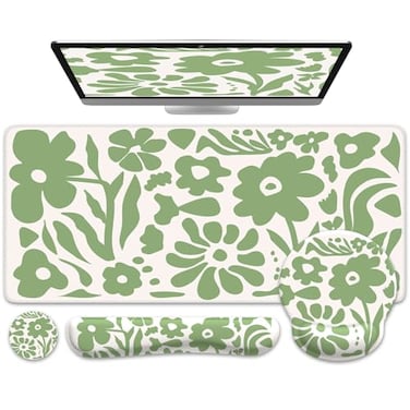 iCasso Desk Cover Mat 4in1 Floral Large Mouse Pad with Wrist Rest Desk Matt for Desktop AntiSlip XXL Big Computer Ergonomic Mousepad with Wrist Support for Keyboard and Mouse Green