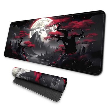 MAY FLOWER Large Gaming Mouse Pad Full Keyboard Mat Long Laptop Mousepad Computer Mouse Mat for Home and Office AntiSlip Rubber Base 315 x 118 Inches Dark Red Moon