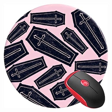 LUBHWT Mouse Pad Round Gaming Mouse Mat Coffin Creepy Horror Pink Black NonSlip Rubber Base Mousepad Cute Mousemat for Laptop Computer PC Office Home