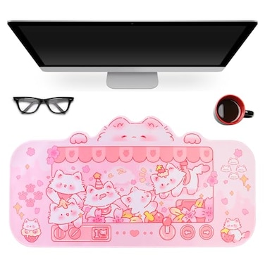 PERFECTSIGHT Cute Cat Desk Pad Kawaii Kitty Claw Machine Desk Mat Pink Switch Large Gaming Mouse Pad Funny Deskmat Mousepad Anime Laptop Keyboard Pad Office Home Decor for Women Girls Coral