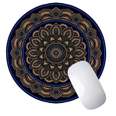 Performore Round Mandala Mouse Pad Gold and Blue Pattern 9 Diameter 3MM Thick NonSlip Rubber Base Stitched Edge Computer Gaming Desk Accessories for Home Office