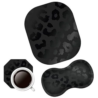 BWEGRHE Black Leopard Ergonomic Wrist Rest Pad Cute Mouse Pad Cup Coaster Memory Foam with NonSlip Base 3Pcs Mousepad Desktop Supply Set Combo for Laptop Computer Gaming Office