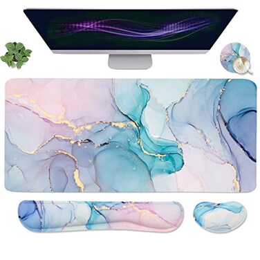 Yunoble Ergonomic Large Mouse Pad and Keyboard Wrist Rest Desk Pad for Keyboard and Mouse 4in1 Large Gaming Mouse Pad with Wrist Support Blue Marble