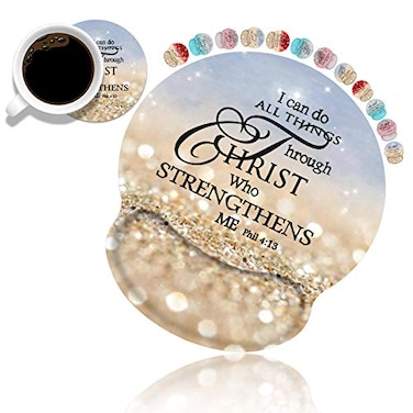 BWOOLL Ergonomic Mouse Pad Wrist Support and Coasters Set Cute Wrist Rest Pad with NonSlip PU Base for Home Office Working Studying Easy Typing Pain Relief Rainbow Glitter Bible Verse Phil 413