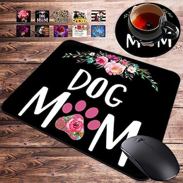 YAKAIER Gaming Mouse Pad and Coasters Set Dog Mom Floral Design Mousepad NonSlip Rubber Rectangle Mouse Pad Customized Mouse Mat for Working and Gaming