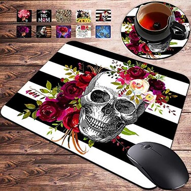 YAKAIER Gaming Mouse Pad and Coasters Set Skull Flower Mousepad NonSlip Rubber Rectangle Mouse Pad Customized Mouse Mat for Working and Gaming