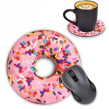 LOWORO Round Mouse Pad with Coasters Set Strawberry Pink Donut with Sprinkles Design Mouse Pad NonSlip Rubber Mousepad Office Accessories Desk Decor Mouse Pads for Computers Laptop