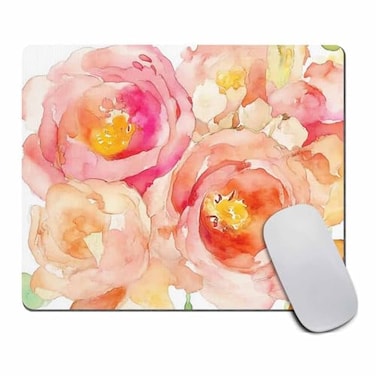 pingpi Peach Peony Rectangle Mouse Pad Mousepad Coworker Teacher Present Floral Print Watercolor Flowers
