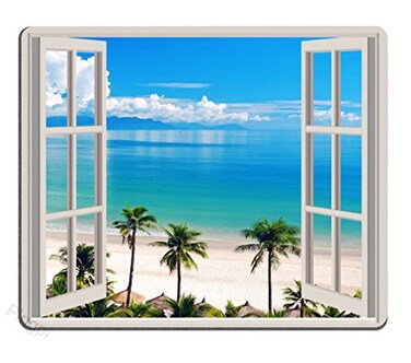 pingpi Mouse Pad Palm Trees Tropical Island Beach Nature Paradise Panoramic Picture Through Wooden Windows Scene Custom Design 95 X 79 Inch 240mmX200mmX3mm