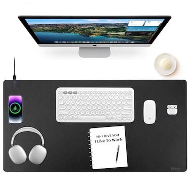 Firelison Wireless Charging Mouse Pad 2 in 1 Leather Multifunctional Office Desk Pad with NonSlip Rubber Base Waterproof Desk pad for ComputersOfficeWorkHomeDecor 36 x 17Black L