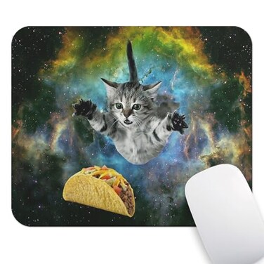 Wknoon Cute Kitten Mouse Pad Funny Design Curious Cat Flying Through Space Reaching for a Taco in Galaxy Hilarious Mat for Desk Decor