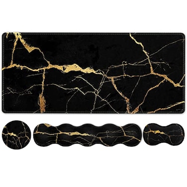iLeadon Pad Set Large Gaming Mouse Pad Keyboard Wrist Rest Mouse Pad with Wrist Support Coaster Easy Typing Pain Relief 354x157in Desk Mat for Home Office Black Gold Marble