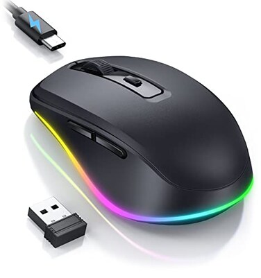 PEIOUS Wireless Mouse Jiggler LED Wireless Mice with Buildin Jiggler Mover Rechargeable Moving Mouse for Computer with Undetectable Random Movement Keeps PC Laptop Awake Black