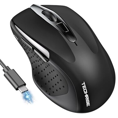 TechRise Bluetooth Mouse BT5030 24G Rechargeable Wireless Mouse 4800 DPI Optical Tracking 6 Adjustable DPI 24GHz with USB A Receiver Quiet Clicks Ergonomic Grips 6 Buttons Black