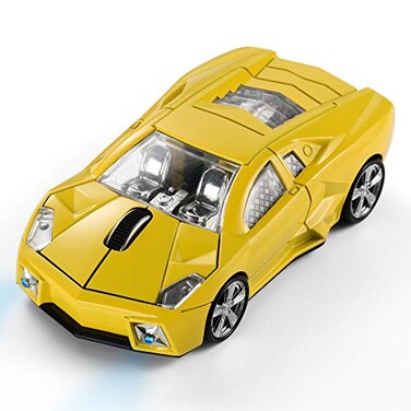 BKLNOG Sports Car Mouse Updated with LED Headlights 1600 DPI Wireless Car Shaped Mouse for Mac Computers Yellow