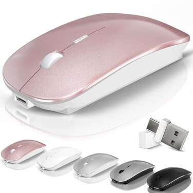 Kovess Wireless Bluetooth Mouse for Mac Air MacBook Pro Laptop PC Pad Optical Rechargeable Silent Mouse with Jiggler Mode Dual Mode Switch Bluetooth 5230 and 24G USBA USBC Receiver Rose Gold