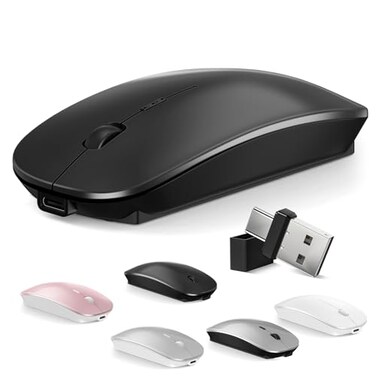 Normdecos Mouse for MacBook Wireless Bluetooth Mouse Laptop MacBook Air Mac Pro Rechargeable Silent PC iPad Optical Mice with Dual Mode Switch Bluetooth 5230 and 24GHz USB TypeC Receiver Black