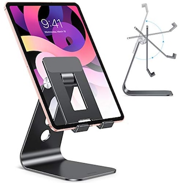 OMOTON Adjustable Tablet Stand for Desk Upgraded Longer Arms for Greater Stability T2 Tablet Holder with Hollow Design for Bigger Sized Phones and Tablets Such as iPad ProAirMini Black