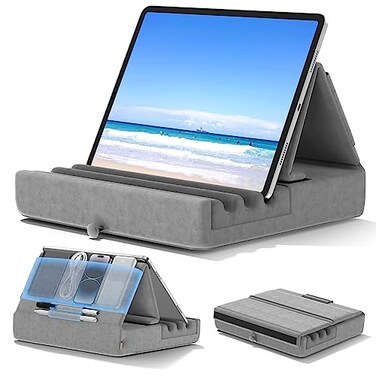 KDD Tablet Pillow Holder Foldable iPad Stand for Lap Bed and Desk Tablet Soft Pad Dock with Pocket Stylus Mount Compatible with iPad Pro 129 105 97 Air Mini 6 5 4 3 Galaxy Tab EReader