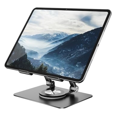 Orlian Tablet Stand Holder with 360 Rotating Base Dual Rod Aluminum Adjustable Tablet Stand for Desk Compatible with iPad Samsung Phone Kindle EReader and More Black
