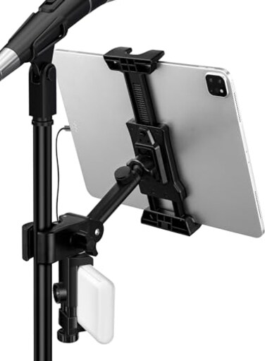LZSIG Tablet Holder for Mic Stand with Power Bank Clip Adjustable iPadiPhone Mount for Music Stand Compatible with Screen Devices from 47135 Smartphones Android Outdoor Streaming Recording