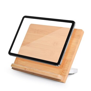 wishacc Bamboo Tablet Stand for Desk 11x82 Large Wooden Tablet Holder with Adjustable Angles Thick Case Friendly Wood Stand for iPad Pro 129 Samsung EReaders Kitchen Drawing