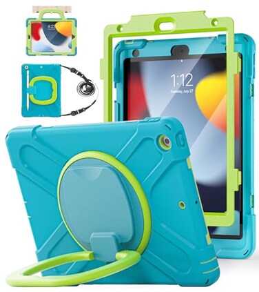 BATYUE for iPad 9th 8th 7th Generation Case iPad 102 inch Rugged Case 202120202019 with Screen Protector Rotating StandPencil HolderCarrying Shoulder Strap Light BlueLime
