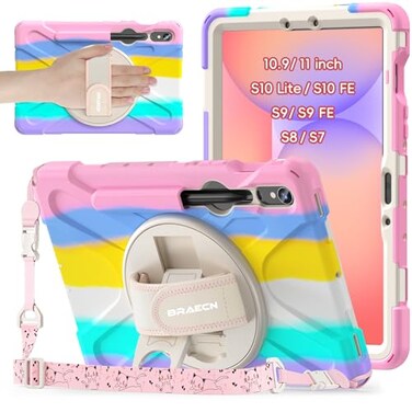BRAECNstock Kids Case for Samsung Galaxy Tab S10 Lite S10 FE S9 FE S9 S8 S7 5G 109 11 Shockproof Protective Case with Pen Holder Rotating Hand Strap Stand Shoulder Strap Colorful Pink