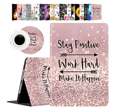 Som Lam Case for New iPad 97 Inch 20182017 iPad 6th and 5th Generation Pro 97 CaseiPad Air 2 Case iPad Air Case with Coasters Set Stay Positive Work Hard and Make It Happen Rose Gold Rainbow Glitter