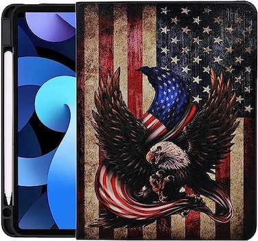 YHB Case for New iPad Pro 129 Inch 202220212020 6th5th4th Gen PU Leather Folding Stand Shell TPU Back Cover with Auto SleepWake Pencil Holder Bald Eagle American Flag