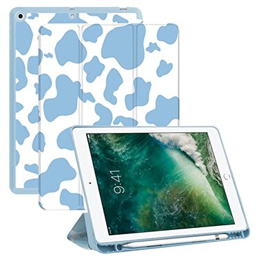 Deokke Compatible with iPad 9th8th7th Generation Case202120202019102 inch with Pencil Holder Auto SleepWake Cover for Girls WomenBlue Cow Pattern Western
