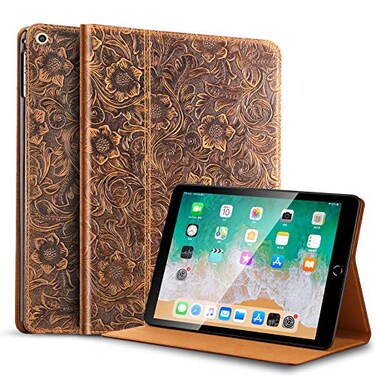 Gexmil Case for iPad mini 5th4th3rd2nd1st Generation 79 Inch 20192015201420132012 Genuine Leather Cover Anti SlipCowhide Folio Cover Auto SleepWake with Adjustable StandFloral Brown
