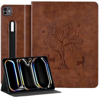 HFcoupe Slim Case for iPad Pro 13 inch M4 2024 M5 2025 Embossing Print Book Style iPad Pro 13 Cover with Magnetic Closure Multiple Viewing Angles Elastic Pencil Holder Tan