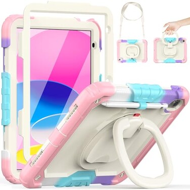 HXCASEAC Case for Kids iPad A16 11th10th Generation Full Body Protective with 360 Degree Rotating Handle Stand Screen Protector Pencil Holder Shoulder Strap A2969A2757A3354A33553356 Pink
