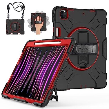 Miesherk Case for iPad Pro 129 Inch 6th5th4th Generation Military Grade Heavy Duty Shockproof iPad Pro 129 Case Rotating Stand Pencil Holder HandShoulder Strap RedBlack