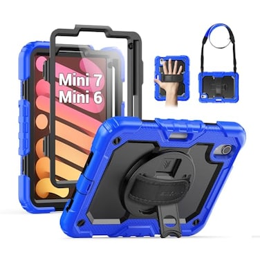 SEYMAC Case for iPad mini 7th Generation A17 Pro 2024 Mini 6th Generation 83 Inch FullBody Shockproof Protective Case with Screen Protector 360 Rotating Stand HandShoulder Strap Blue