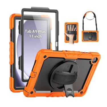 SEYMAC Case for Samsung Galaxy Tab A9 PlusA11 Plus 11 Inch FullBody Shockproof Protective Case with Rotating Stand Screen Protector HandShoulder Strap and Pen Holder Orange
