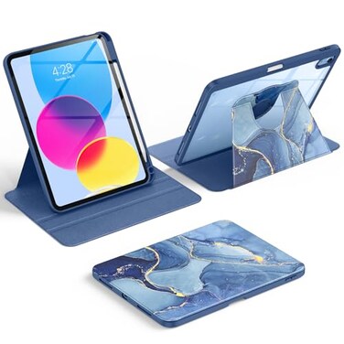 Soke 360 Rotating Case for iPad A16 11 2025 iPad 10th Gen 109 2022 Rugged Protective Cover with Builtin Pencil Holder Auto SleepWake Clear Back Ocean Marble