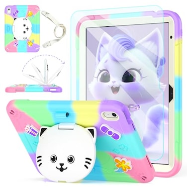 TOMORRY Case for iPad A16 11th 2025 10th Generation 109 Inch 2022 with Tempered Glass Screen ProtectorCat StandPencil Holder Shoulder StrapShockproof for iPad Case 10th Gen kids GirlsColourful