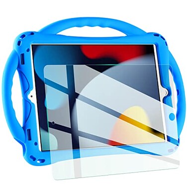 TopEsct Kids Case for iPad 102 inch Shockproof Silicone Cover with Tempered Glass Screen Protector and Strap Compatible with iPad 9th8th7th Gen 2021Blue