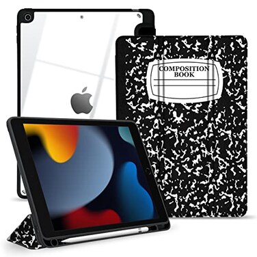 TopPerfekt Hybrid Slim Case for iPad 9th 8th 7th Generation 20212020 2019 102 Inch Shockproof Cover with Clear Transparent Back Shell Pencil Holder Auto SleepWake Composition Book
