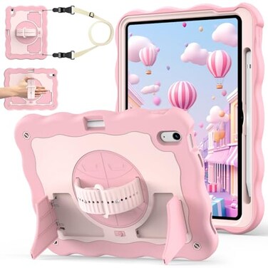 ZoneFoker for iPad A16 11th Generation 2025 10th Gen Case 2022 for 11 Inch 109 Inch iPad Case Heavy Duty Cover Shockproof with Pencil Holder 360 Rotate Strap Stand Pink