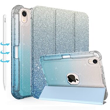 TIMISM for iPad Mini 7 A17 Pro Case iPad Mini 7th6th Generation Case 20242021 with Pencil Holder Glitter Sparkly Leather Cover Clear TPU Back Trifold Stand Folio Smart Case Gradient Ice Blue